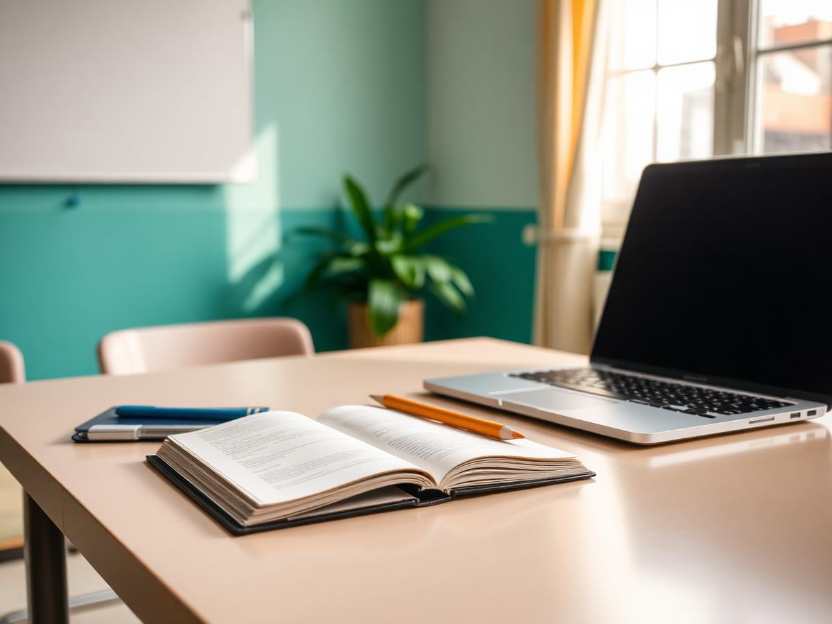 Placeholder photo: a bright classroom table with a notebook and laptop