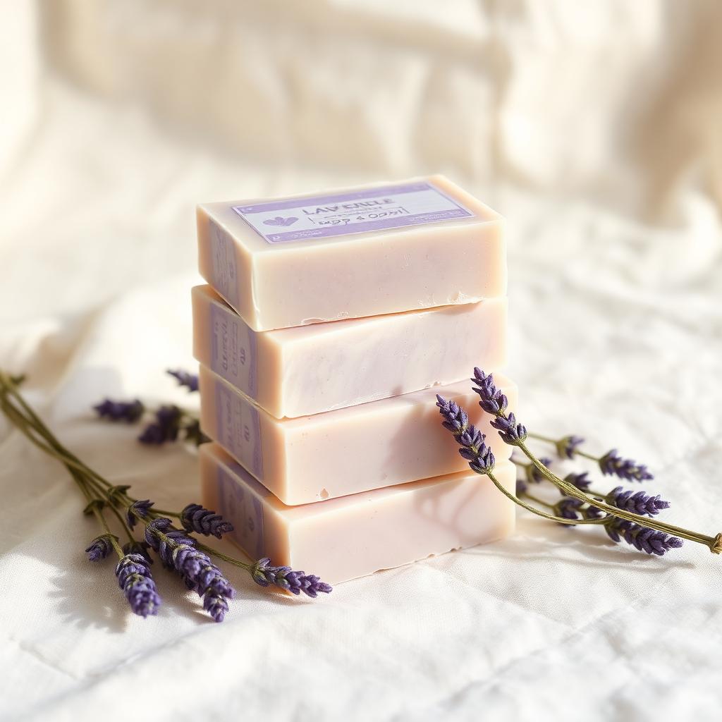 Placeholder photo: stacked handmade lavender soap bars with dried lavender